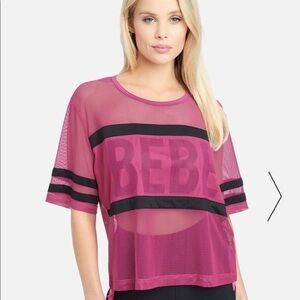 BEBE SPORT all mesh crop top Barbie pink short sleeves crew neck stripes L